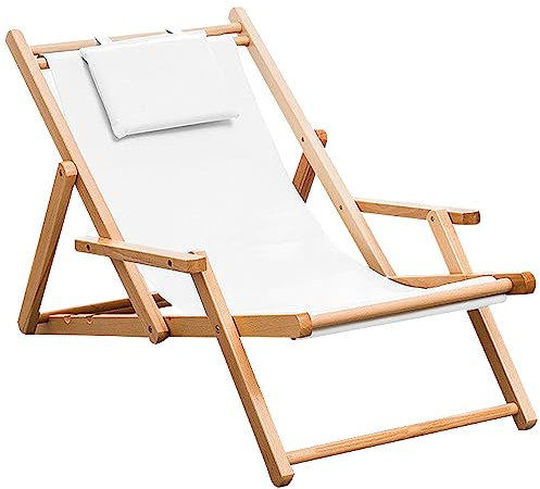 Preferspace Chaiselongue-Sessel für den Außenbereich, Set mit 2 Terrassenliegen mit 4-Fach Verstellbarer Rückenlehne & Arm & Baumwolle Leinen Stoff, Relaxsessel aus Holz für Strand, Pool, Balkon