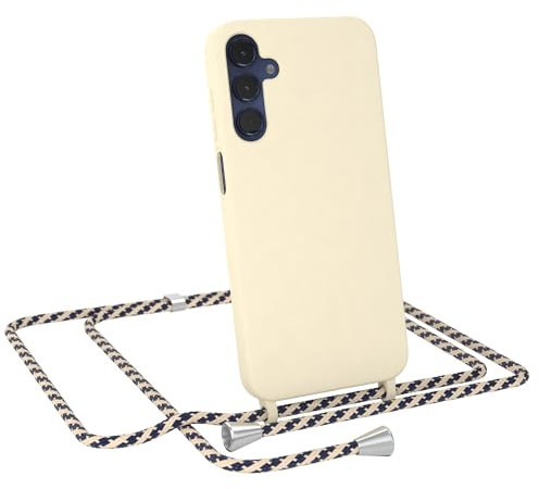 EAZY CASE - Hülle mit Band kompatibel Samsung Galaxy A15 Handyhülle für Galaxy A15 Hülle Silikon mit Mikrofaser stoßfester Fallschutz Kette zum Umhängen Handykordel in Taupe Camouflage - Clips Silber