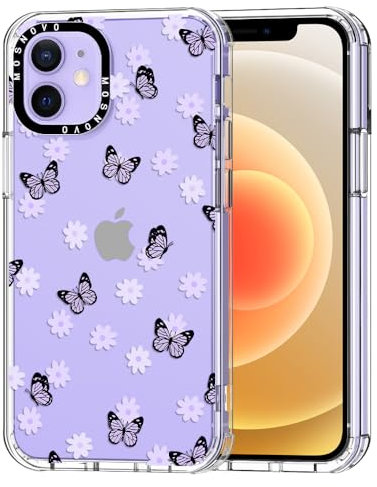 MOSNOVO Case for iPhone 12 Mini, [Buffertech 6.6ft Military-Grade Drop Protection] [Anti Peel Off Tech] Clear TPU Bumper Phone Case Cover Design - Lilac Butterfly
