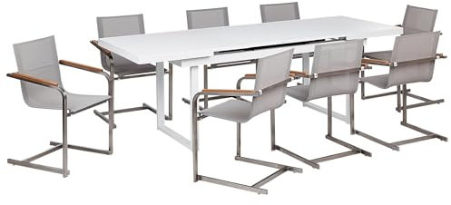 Beliani Gartenmöbel-Set für 8 Personen mit Ausziehbarer Esstisch aus Aluminium, Edelstahl, in Weiß/Beige Valcanetto/Cosoleto