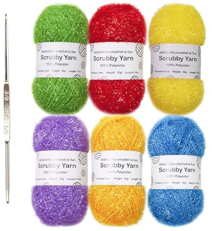 MOONDAME Scrubs Garn Für Geschirrtücher Häkeln Polyestergarn Häkelgarn Mit Haken Handgefertigtes Garn Sparkles Dish Scrubs Garn