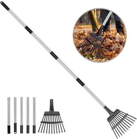 Kleiner Laubbesen mit 11 Metallzinken, 84 - 172 cm Rechen für Blätter, 22,9 cm breit, verstellbarer Edelstahlgriff für Strauch, Blumenbeet und kleine Flächen