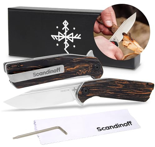 Scandinoff Klappmesser - Einhandmesser - 95mm Klinge - Taschenmesser - Klingenform „Modern SEAX“ - Sandvik 14C28N Stahl - EDC Messer für Outdoor, Wandern, Camping und mehr | Pocketor 95 Nordic Wood