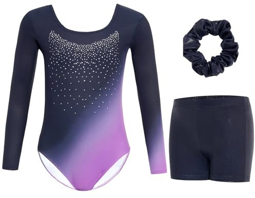 Gogokids Mädchen Dreiteilige Gymnastikanzüge, Langärmliges Gymnastik Set mit Shorts und Haarband, Glitzernde Balletteinheitstrikots - Gymnastik Outfit mit Farbverlaufdesign für 8-9 Jahre