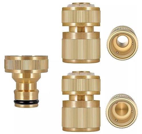 Dunnet Tools 3pc 3/4 Inch Brass Tap Hose Connector Set Outside Tap Tap Adapter High Pressure Hose Pipe Fittings Brass Female Thread 3/4 Connector with 1/2 Inch Quick Connect Fitting