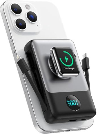 Magnético Power Bank con Cable Integrado para MagSafe, 10800mAh Bateria Externa Carga Rapida QC4.0+PD 25W USB C Inalámbrica Bateria Portatil con Pantalla LED para Apple Watch/iPhone 16/15/14/13/12