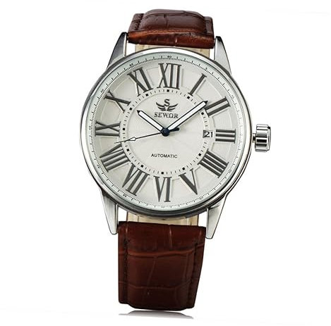 BESPORTBLE Herren Automatische Mechanische Armbanduhr Mit PU Lederband Weiß Silber Automatik Uhr Mit Modell Sewor Herren Uhr