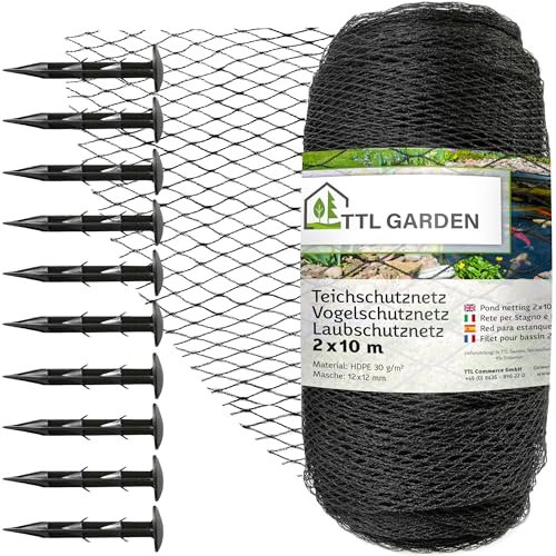 TTL Garden Teichnetz Vogelschutznetz 2x10m schwarz 30g/m² - 12x12mm engmaschig Starkes HDPE Poolnetz Obstbaumnetz Gartennetz, Vogelabwehr Netz, reißfest dehnbar robust mit 10 Bodenanker
