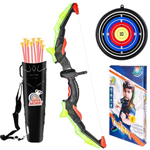 Set Arco e Frecce per Bambini, Arco Giocattolo con Luci LED, Giocattoli da Esterno per Bambini dai 6-12 Anni, Giochi da Esterno per Bambini con Arco, Faretra, 10 Frecce, Bersaglio Sospeso