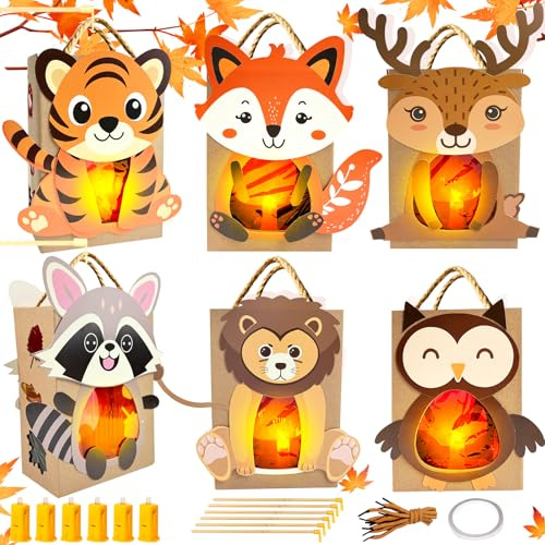 NHYDZSZ 6 Stück Laternen Bastelset für Kinder, Bastelset Gerbst Kinder, Sankt Martins Laternenumzug, Tierische Papierlaternen mit Laternenstäben, Jungen Mädchen Sankt Martin, DIY Kreativset Geschenk