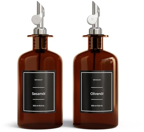 Greymount ® Essig und Ölflaschen Set - 2er Pack Ölspender 500ml | Ölflasche aus Braunglas mit Ausgießer Silber für Olivenöl, Essig und mehr | Perfekt für Kochen, Salate und BBQ