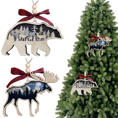 Weihnachtsbaumschmuck Holz 3D Waldtier Holzhandwerk Christbaumschmuck Weihnachtsdeko Anhänger Weihnachten Weihnachtsanhänger Bär/Hirsch Weihnachtsdeko für Weihnachtlicher