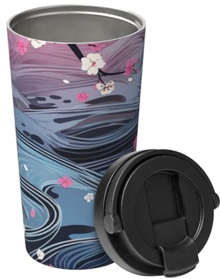Insulated Coffee Mug with Handle and Leakproof Lid Travel Tumbler Flower Japanese Style Stainless Steel Double Wall Vacuum Travel Mug Reusable Coffee Tumbler for Hot Iced Coffee Tea