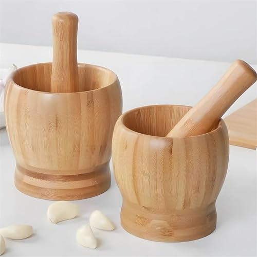 Mörser Und Stößel Set Bambus-Mörser- und Stößel-Set mit Deckel, Pfeffer, Knoblauch, Gewürze, Mühle, Presse, Brecher, Stampfer, Küchenwerkzeug, Mahlschüssel