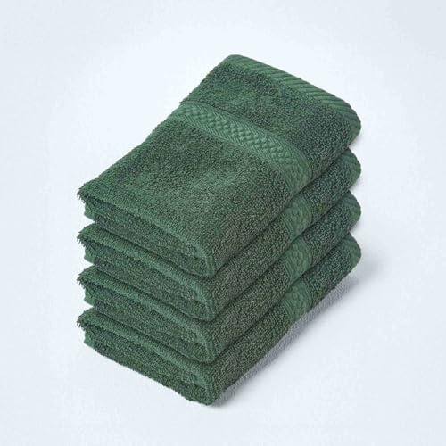 HOMESCAPES Dark Green Turkish Cotton Set of 4 Face Cloths Flannel Super Soft Thick & Absorbent 500 GSM Towel Heavy Weight for everyday Luxury