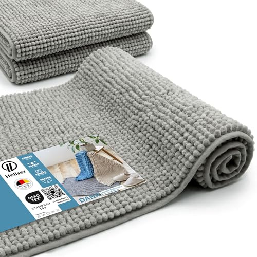 HELLSER Badezimmerteppich Dana | rutschfest & Waschbar | Weiche Chenille Badematte Kurzflor | Saugfähig & Schnelltrocknend | Oeko-TEX für Fußbodenheizung | Grau | 50x80 cm