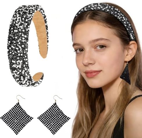 Serre Tete Paillette + Boucles d'Oreilles Scintillantes,Serre Tete Strass Femme Scintillantes Bandeau Épais Rembourré,pour Cheveux de Festival,Fête,Photographie-Noir