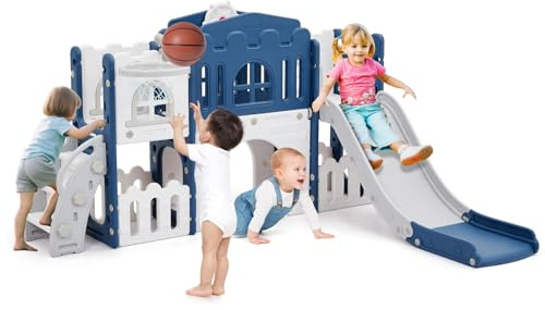Toboggan pour Enfants Intérieur/Extérieur 8-en-1, Inclut Panier De Basket, Tunnel, Télescope Et Espace De Cache-Cache, pour Enfants De 2 à 8 Ans