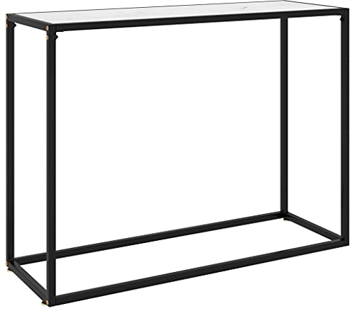 Zeehear Table console blanche 100 x 35 x 75 cm en verre trempé, table d'appoint moderne avec aspect marbre pour salon, table d'entrée robuste en acier