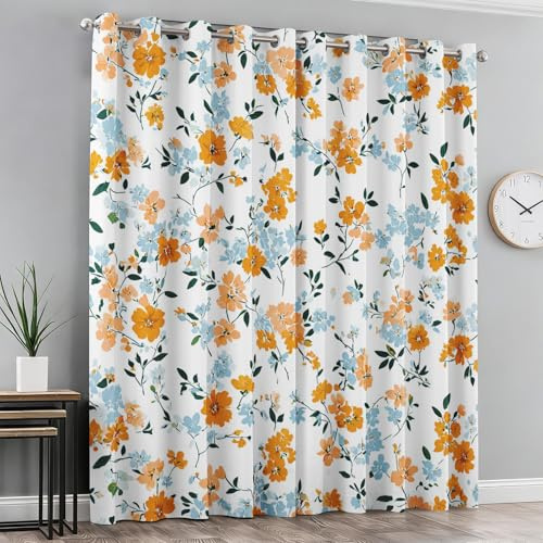 Generisch Wildblume Vorhänge Wohnzimmer Schlafzimmer, 95% Blickdicht Vorhang Gelb Blau Blume Gardinen mit Ösen, Thermo Verdunklungsvorhänge 2er Set, H137 x B117 cm X&-155