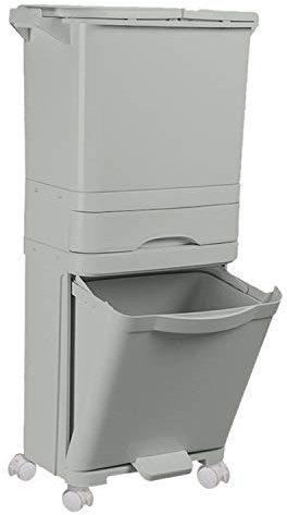 Livhome 42L Grey Recycling Pedal Bin 4 Compartment Waste Bin Double Decker Garbage Can with Wheels Vertical Separation Kitchen Office Space Saving Design