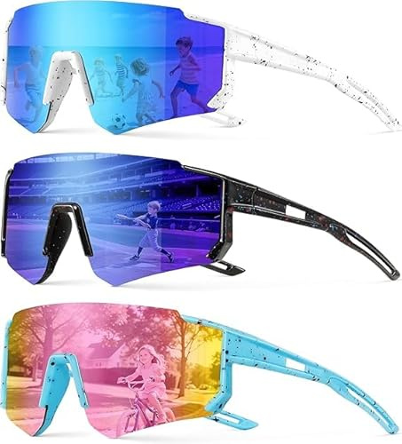YEAMLTE Gafas de Ciclismo Niño Lote de 3 Gafa de Sol Deportivas Protección UV 400 Gafas de Bicicleta de Montaña para Correr, Hacer Senderismo, Ciclismo, Pescar y Otras Actividades Al Aire Libre