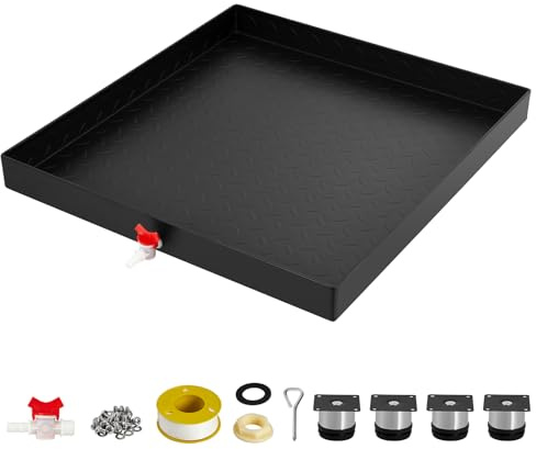 Washing Machine Drain Pan 68 cm × 63 cm, Heavy Duty Carbon Steel Leak Tray with Anti-Vibration Feet & Drain Valve, Water Containment Base for Front & Top Load Washer, Dryer