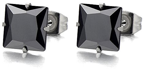 6MM Noir Zircon Carré - Boucles d'oreilles Homme Femme - Clous d'oreille - Mixte - Acier Inoxydable - 2 Pièces
