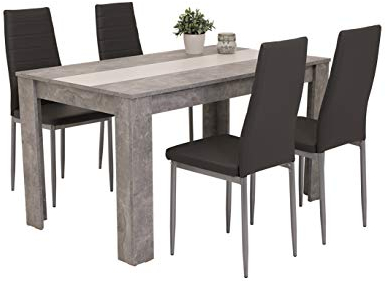 Hela Tische, 5-teilige Essgruppe Helene, Tisch melaminbeschichtet 140x80cm Betonoptik+Wendeplatte und 4x Stuhl Kunstleder Grau, Metallgestell alufarbig