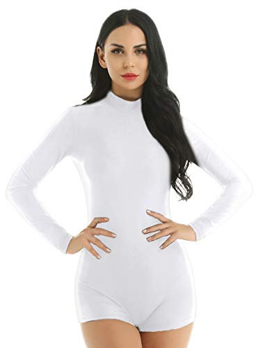 MSemis Damen Body mit Bein Langarm Body Stehkragen Top Gymnastikanzug Elastische Sport Turnbody Ballettanzug Tanz-Body Leotards Weiß S