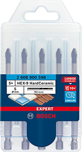 Bosch 5x EXPERT HEX-9 Hard Ceramic Bohrer Set (für Harte Fliesen, Weiche Fliesen, Ø 5 mm, Professional Zubehör Schlagbohrer/Schrauber, Bohrmaschine/Schrauber)