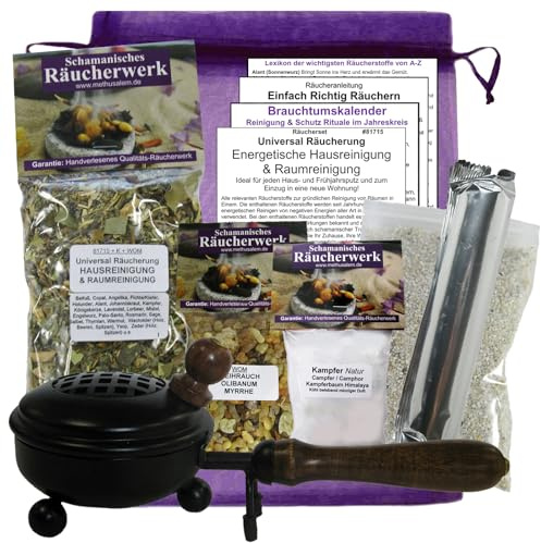 Universal Reinigungsräucherung ENERGETISCHE HAUSREINIGUNG & RAUMREINIGUNG. 11-TLG Set. 3 x Räucherwerk mit Salbei Sage Weihrauch Olibanum Myrrhe UVM. 8 x ZUBEHÖR mit Räucherpfanne. 81715-P