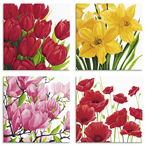 ARTLAND Wanddeko Blumenbilder Leinwand Bilder Set 4tlg. je 30x30 cm Quadratisch Wandbilder Blumen Blüten Tulpen Narzissen Magnolie Mohnblumen U1OB