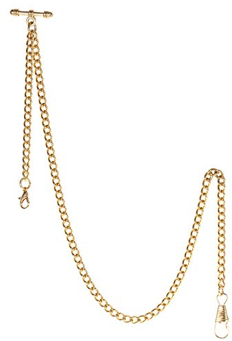 TREEWETO Taschenuhrkette mit T Bar Endstück Albert T-Bar Taschenuhr Kette mit 2 Haken für Weste Knopfloch Gold