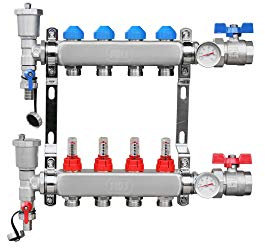 Distributore di circuiti di riscaldamento in acciaio inox, per riscaldamento a pavimento, indicatore di flusso, circuiti di riscaldamento: 4 circuiti di riscaldamento