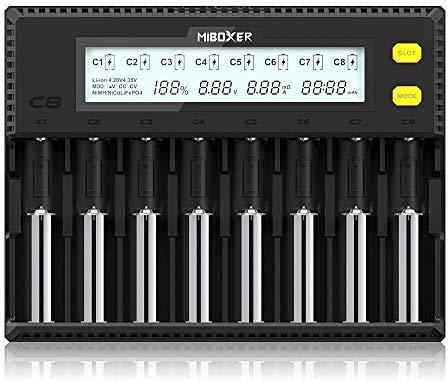 18650 Akkuladegerät, 8 Bay MiBOXER Akkuladegerät mit LCD Display Automatische Schnellladung Li-Ion LiFePO4 NI-MH NI-Cd AA AAA C 21700 26650 13650 16340 18350 18350 18700 RCR123 C8
