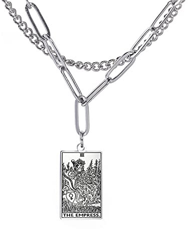 Amaxer Rider Waite Tarot Karte Halskette Retro Lucky Amulett Charm Anhänger Edelstahl Vintage Schmuck (III-The Empress-Silver)