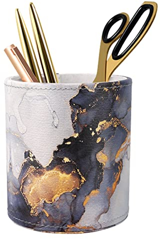WAVEYU Marmor-Stiftehalter für Schreibtisch, Bleistift-Organizer, Bürodekoration, Make-up-Pinselhalter, groß, PU-Leder, multifunktionaler Organizer für Büro, Klassenzimmer, Zuhause, goldener Marmor