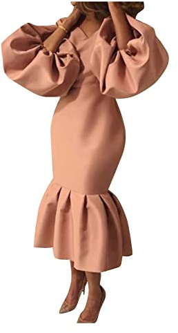 African Dress Plus Size Evening Dress Long Puff Sleeve V Neck Mermaid Maxi Dress for Ladies Pink