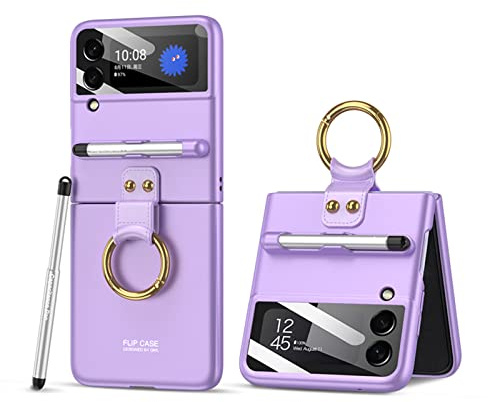 COQUE Coque pour Galaxy Z Flip 3 - Coque fine avec film intégré - Avec anneau de support - Stylet capacitif - Fente pour stylo - Étui pliable pour Samsung Galaxy Z Flip 3 5G - Violet