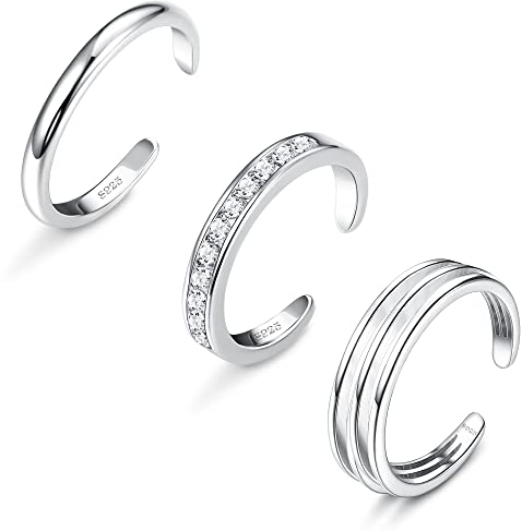 Sllaiss 3 Stücke S925 Zehenring für Frauen 925 Sterling Silber Verstellbarer Offene Zehenringe Set Zirkonia Zehenringe Weißgold Sommer Strand Fußschmuck Set A