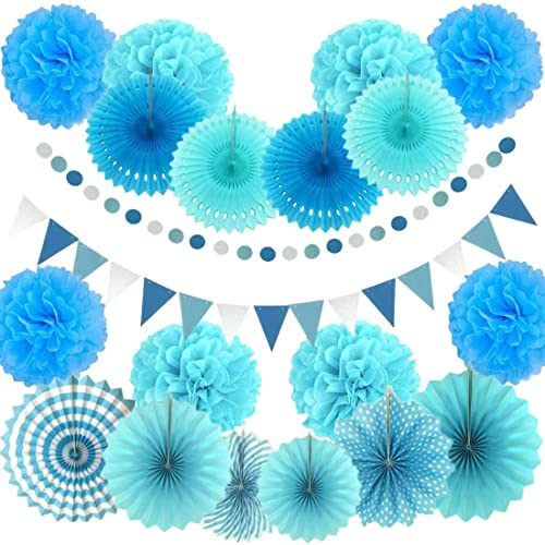 Party Deko Blau, LEAO 20 Stück Party Dekoration Set Hochzeit Geburtstag Fiesta Mexikanische Deko Aufhängen Papier Fächer Wimpelkette Banner Runde Punkte Girlande Pompoms Wimpel für Weihnachten