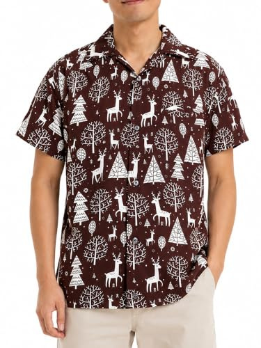 King Kameha Funky-Hawaii-Hemd, Weihnachten, Herren, Kurzarm, Christmas-Reindeer-Allover, Braun, 4XL