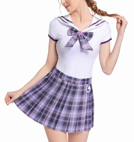 Landofgenie Damen-Body aus Baumwolle, karierter Rock, Einteiler, Pyjama, magischer Matrosen-Einteiler, Rock, Übergröße, Cosplay-Einteiler, Violett, XXL