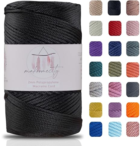 Makromecity Makramee Garn 2mm x 230m Premium Polyester Macrame Cord Polypropylene Yarn für Handwerk Wohndekorationen Platzteller Umhängetasche Handtasche Runner (Schwarz, 1 Strang)