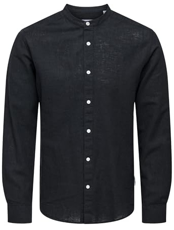Herren O&S Leichtes Leinen Hemd Langarm Slim Fit Oberteil Einfarbiges Basic Shirt ONSCAIDEN, Farben:Schwarz, Größe Hemd:M