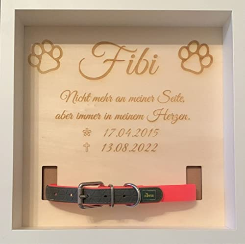 Holztafel mit personalisierter Gravur und Halsband-Vorrichtung im Bilderrahmen - Erinnerung an Ihr Haustier
