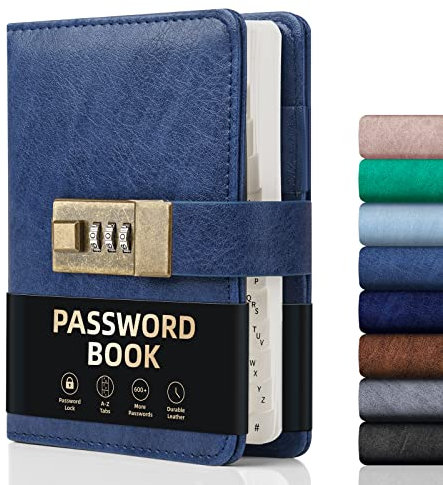 WEMATE Carnet de mots de passe avec serrure, carnet de mots de passe avec onglets alphabétiques, plus de 600 espaces pour mots de passe, carnet de mots de passe pour connexion à un ordinateur et à un