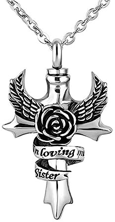 LSxAB Collier urne funéraire avec pendentif en forme d'aile d'ange avec croix en forme d'aile d'ange pour conserver les cendres, Acier inoxydable, Pas de gemme