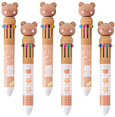 JKJF Lot de 6 stylos à bille multicolores 10 en 1 - Stylos à bille rétractables en forme d'ours mignon - Stylo à encre gel motif ours mignon - Stylo animal de dessin animé pour l'école, le bureau, la